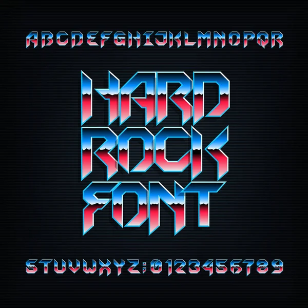 Hard rock alfabe yazı tipi. Metal etkisi eğimli renkli harfler, sayılar ve simgeler. Hisse senedi vektör Tasarımlarınız için yazı kümesi.