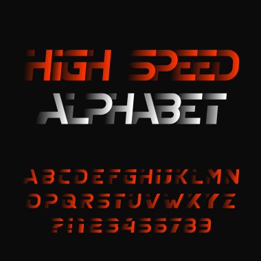 High speed alphabet font. Modern oblique type letters and numbers. Stock vector typeface.