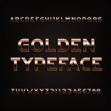 Beveled golden alphabet font. Metal color letters, numbers and symbols. Stock vector typography.