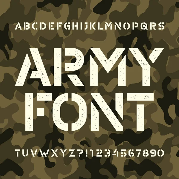 Schriftart Armee Schablonenalphabet Chaotische Buchstaben Und Zahlen Auf Grünem Camo — Stockvektor