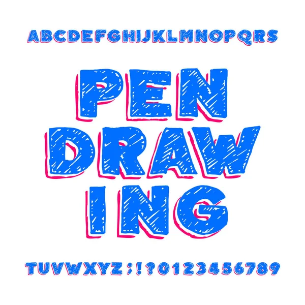 Pen Getekend Alfabet Lettertype Hoofdletters Hand Getrokken Schets Letters Cijfers — Stockvector