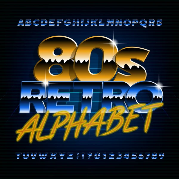 80S Retro Alphabet Fuente Efecto Metálico Brillantes Letras Brillantes Números — Archivo Imágenes Vectoriales