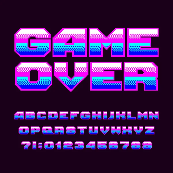 Spel Alfabet Lettertype Pixel Letters Cijfers 80S Video Arcadespel Gezet — Stockvector