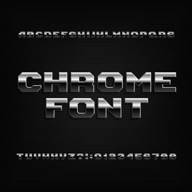 Eğimli krom alfabe yazı tipi. Metalik etkisi parlak harfler, semboller ve numaraları. Tasarımınız için hisse senedi vektör yazı tipi.