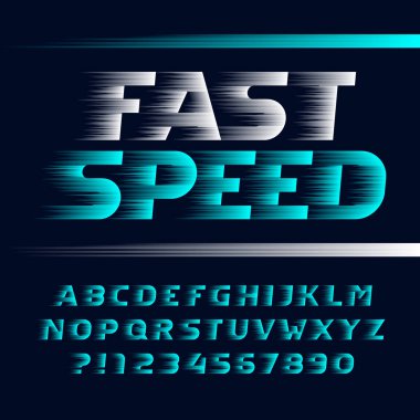 Hızlı hız alfabe font. Rüzgar etkisi italik harfler, semboller ve numaraları. Tasarım için hisse senedi vektör yazı tipi.