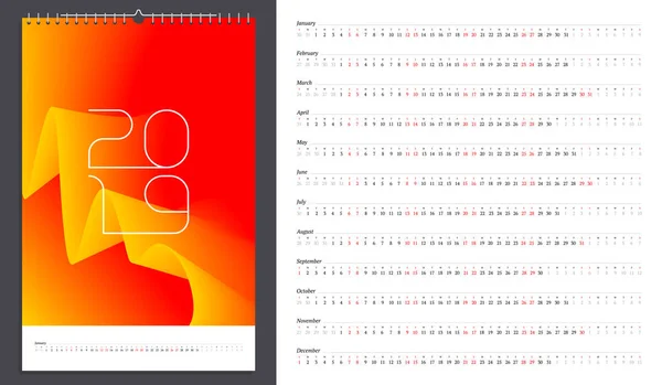 Calendario 2019 Semana Comienza Domingo Cada Mes Una Línea Rejilla — Archivo Imágenes Vectoriales