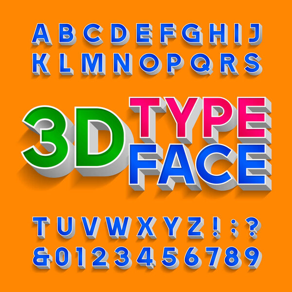 3D alphabet font. Three-dimensional typescript. Letters, numbers and symbols with shadow. Stock vector typography for your design.