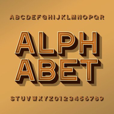 Retro alfabe yazı. 3D etkisi harfler, sayõlar ve semboller gölge ile. Hisse senedi vektör patlama tasarımınız için.