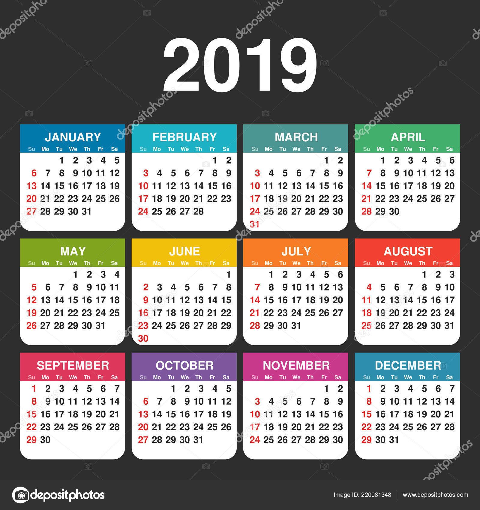 Year 2019 Calendar Vector Template Week Starts Sunday Colorful Grid Stock Vector C Epifantsev 220081348 calendario 22008
