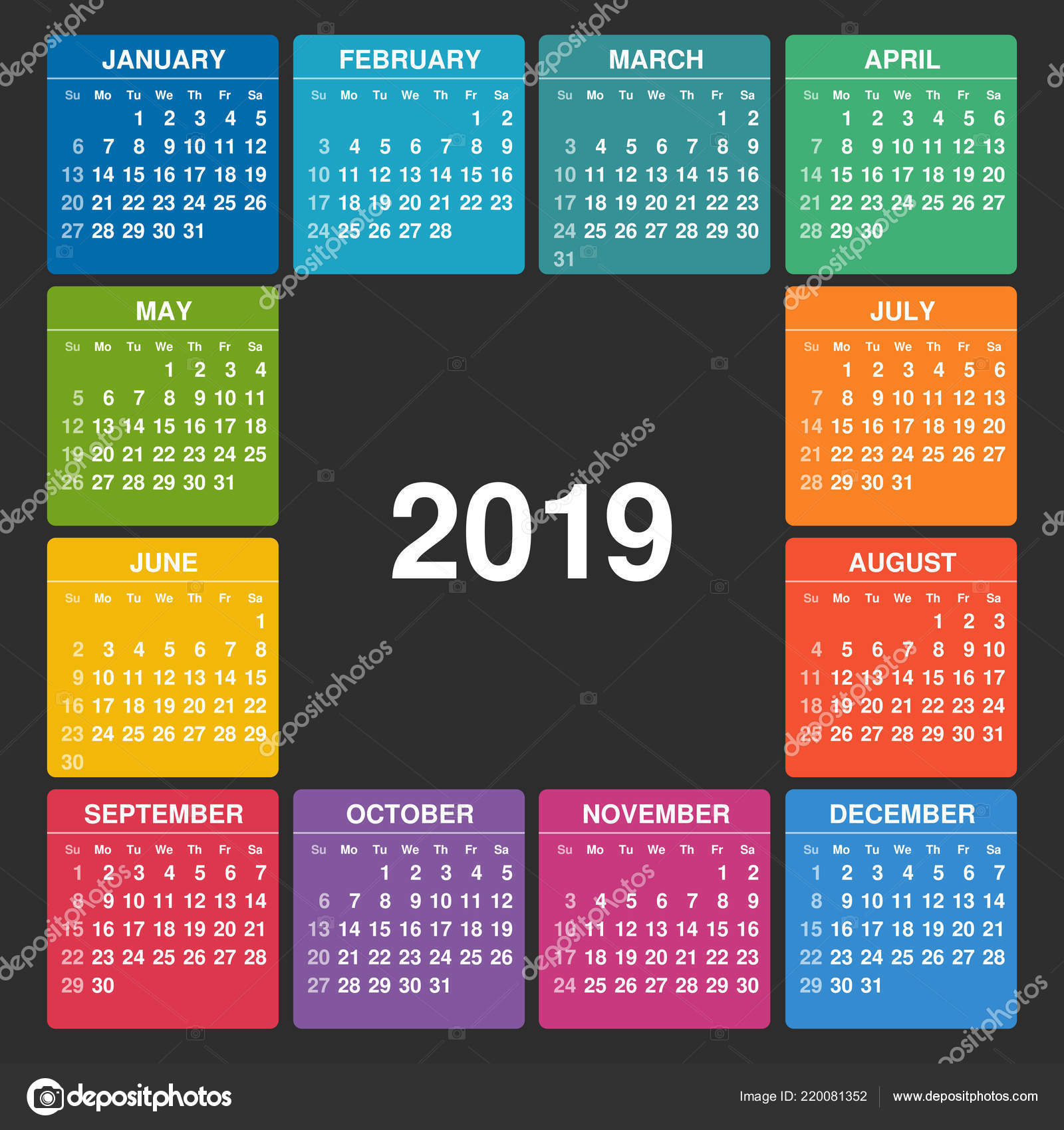 Calendar 2019 Week Starts Sunday Colorful Grid Dark Background Stock Vector C Epifantsev 220081352 calendario 22008