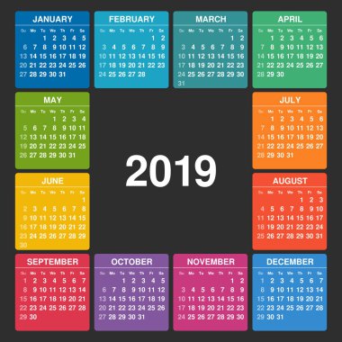 Takvim 2019. Hafta Pazar günü başlar. Karanlık bir arka plan üzerinde renkli kılavuz.