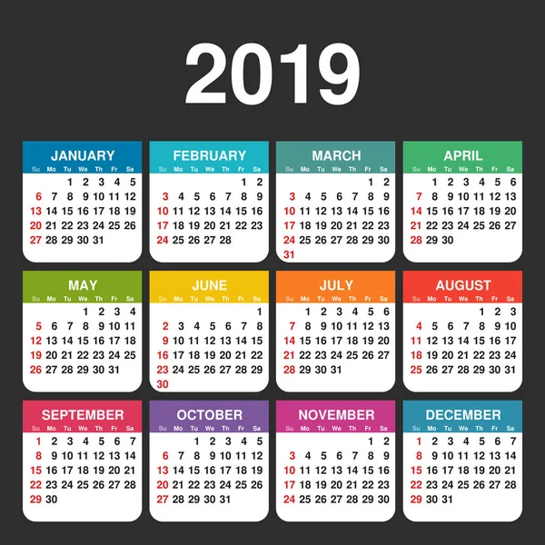 Année 2019 Modèle Vectoriel Calendrier Semaine Commence Dimanche Grille Colorée — Image vectorielle