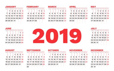 Beyaz bir arka plan üzerinde takvim 2019 vektör şablonu. Hafta Pazartesi günü başlar.