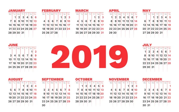Kalender 2019 Vector Sjabloon Een Witte Achtergrond Week Begint Maandag — Stockvector