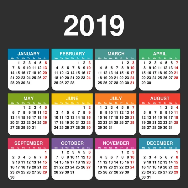 Έτος 2019 Πρότυπο Διάνυσμα Ημερολογίου Εβδομάδα Ξεκινά Δευτέρα Πολύχρωμο Πλέγμα — Διανυσματικό Αρχείο