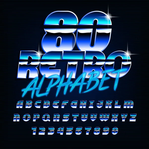 80S Retro Alphabet Font Uppercase Shiny Letters Numbers Blue Colors — Stock Vector