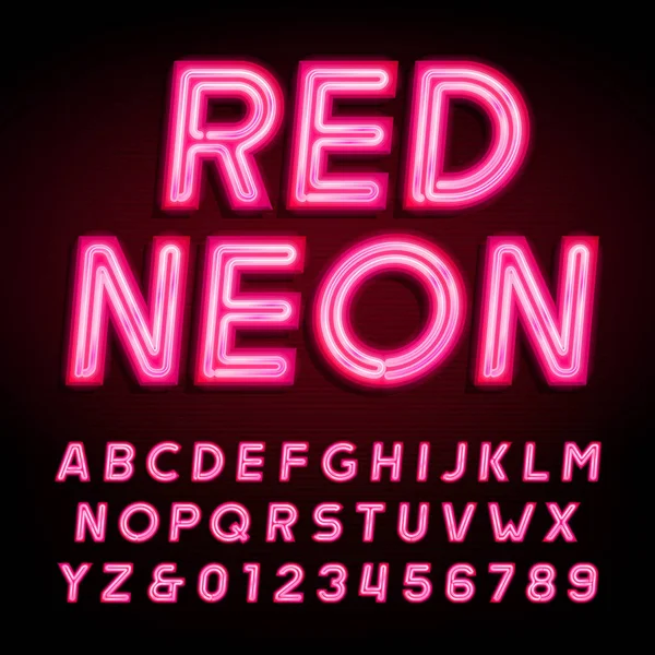 Fonte Alfabeto Vermelho Néon Tubo Letras Coloridas Néon Números Fundo — Vetor de Stock