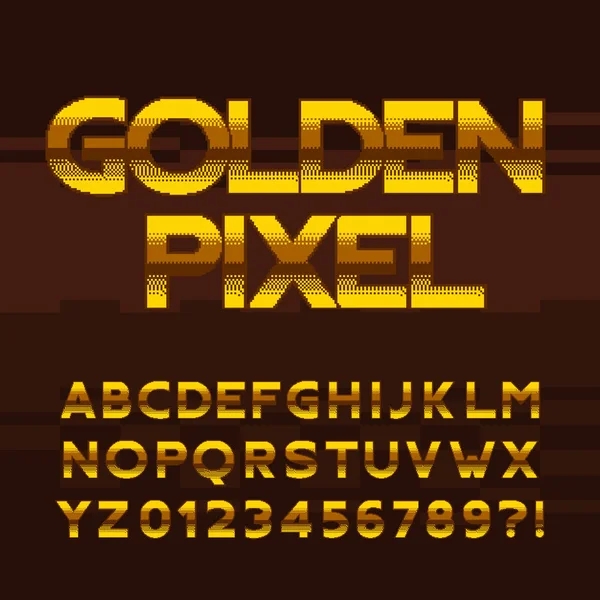 Golden Pixel Alphabet Font Digital Letters Numbers 80S Arcade Video — Stock Vector