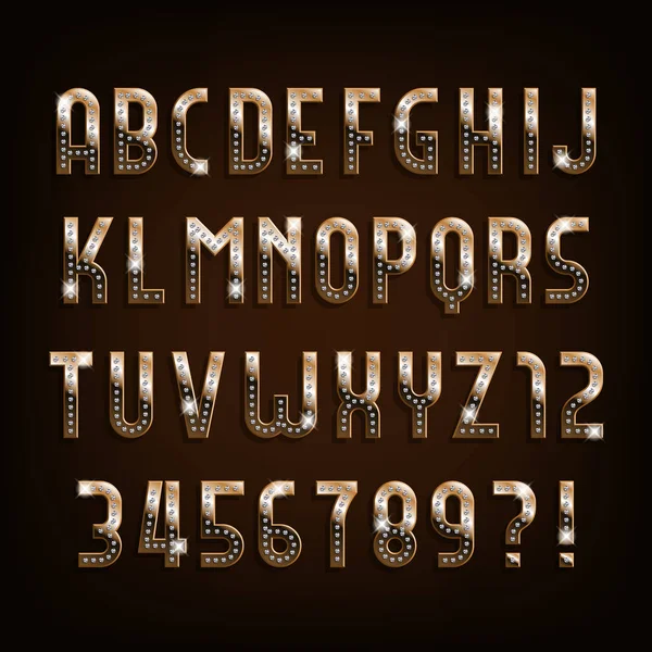 Алфавитный Шрифт Алфавита Золотые Буквы Цифры Драгоценными Камнями Векторный Шрифт — стоковый вектор