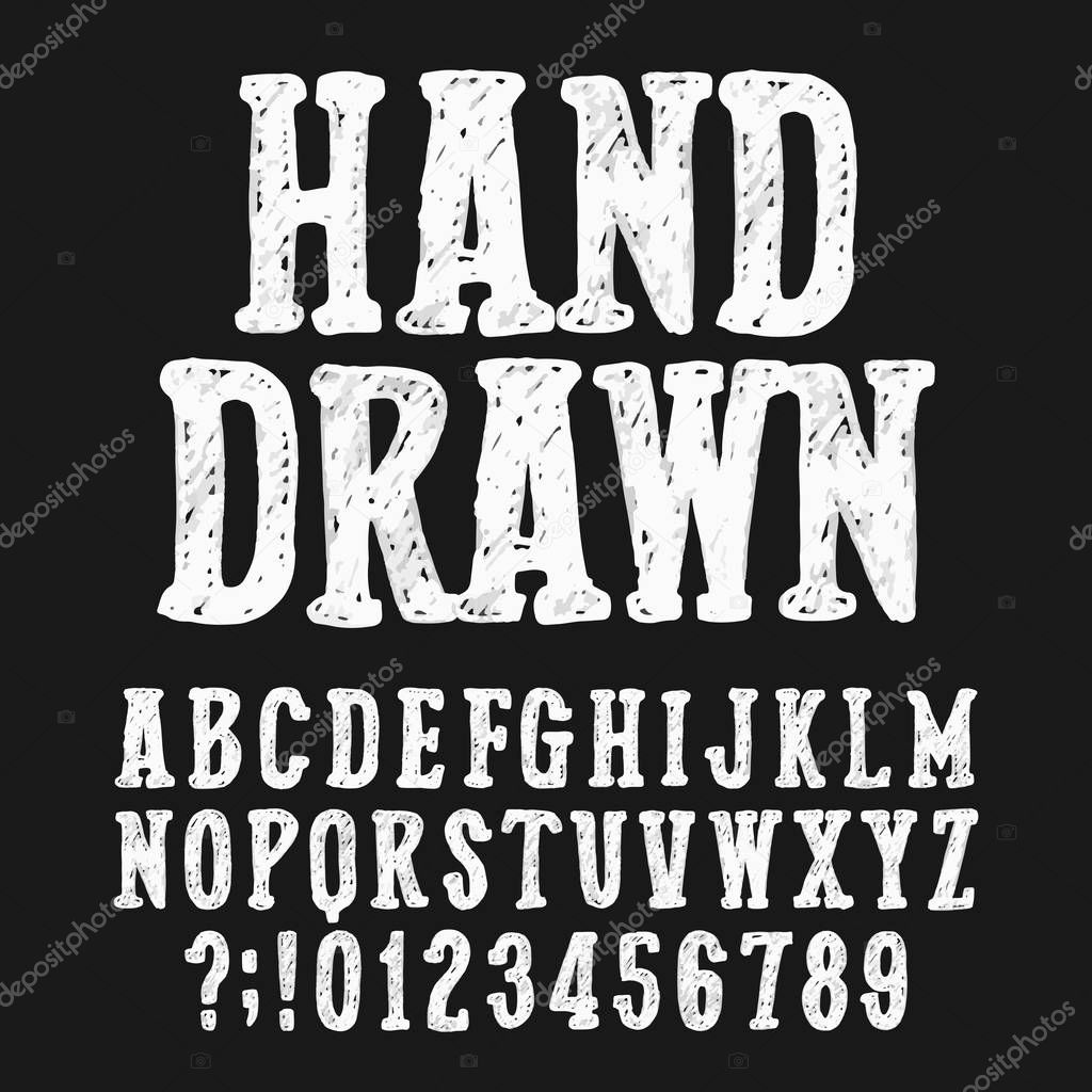 Hand drawn alphabet font. Uppercase sketch letters and numbers. Stock vector typeface.