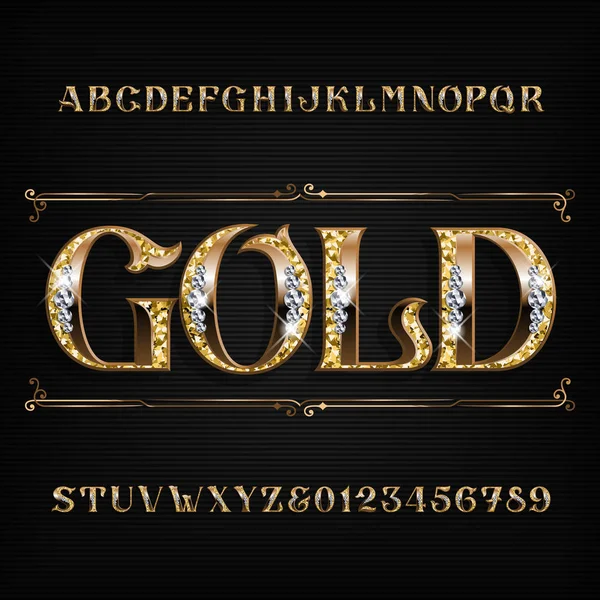Ornate Gold Alphabet Font Jeweler Golden Letters Numbers Diamond Gemstones — Stock Vector