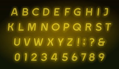 Sarı neon tüp alfabe yazı tipi. Neon renk eğik harfler ve hisse senedi vektör patlama tipografi tasarımınız için.