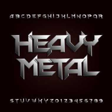 Heavy metal alfabe yazı tipi. Eğimli krom harfler ve sayılar. Hisse senedi vektör patlama tasarımınız için.