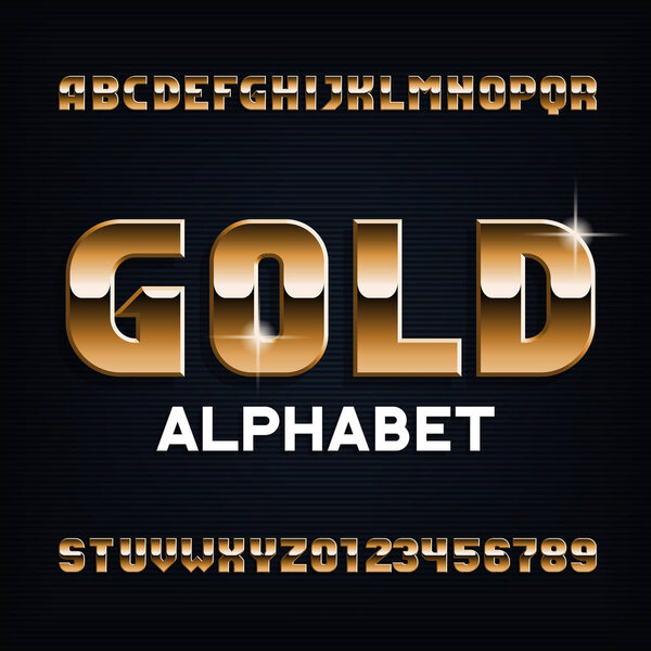 Gold alphabet font. Beveled metal color letters and numbers. Stock vector typescript for your design.