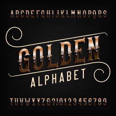 Altın alfabe yazı tipi. Metal etkisi harfler ve sayılar. Hisse senedi vektör patlama tipografi tasarımınız için.