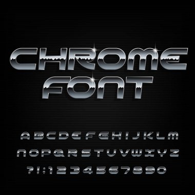 Krom alfabe yazı tipi. Eğimli metal etkisi parlak harfler ve sayılar. Hisse senedi vektör patlama tasarımınız için.