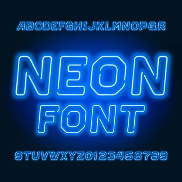 Caratteri Blu Neon Tube Alfabeto Lettere Numeri Obliqui Colore Neon — Vettoriale Stock