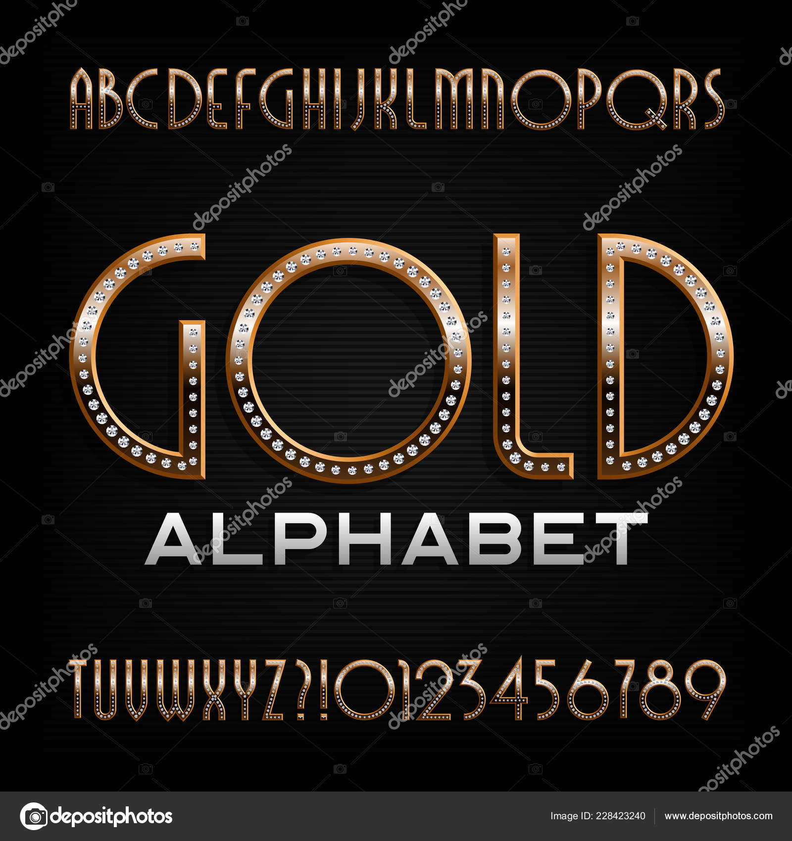 Ornate Gold Alphabet Font Art Deco Golden Letters Numbers Diamond Stock