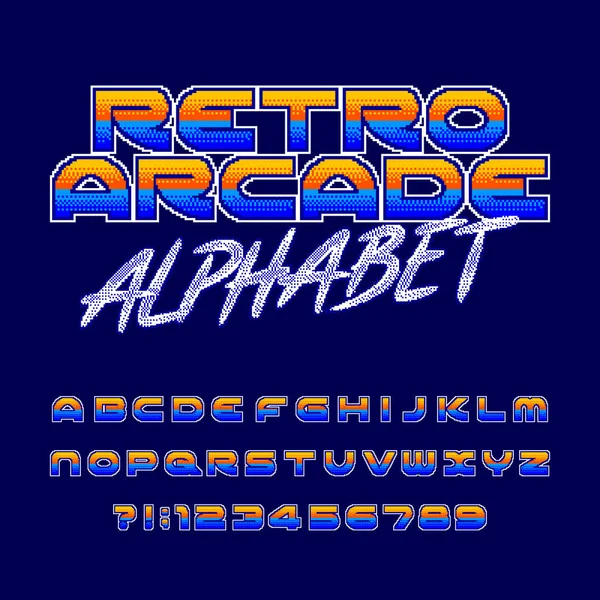 Retro Arkádové Abecedy Písmo Pixel Přechodu Písmena Čísla 80S Typografie — Stockový vektor