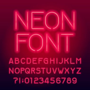 Kırmızı neon tüp alfabe yazı tipi. Neon renk büyük harfler ve sayılar. Hisse senedi vektör tipografi tasarımınız için.