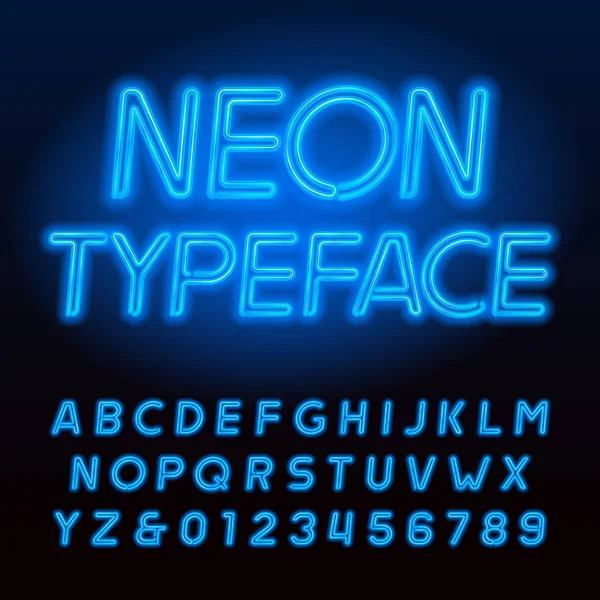 Caractère Alphabet Tube Néon Bleu Néon Couleur Lettres Majuscules Chiffres — Image vectorielle