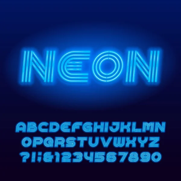 Caratteri Alfabetici Tubi Neon Lettere Numeri Maiuscoli Colore Blu Neon — Vettoriale Stock