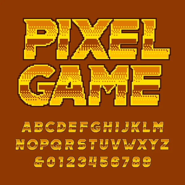 Retro Arcade Alphabet Fuente Pixel Letras Números Dorados Tipografía Videojuegos — Vector de stock