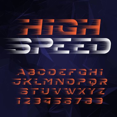 Speed alphabet font. Fast speed effect futuristic type letters and numbers. Stock vector typescript for your design. Easy color change.
