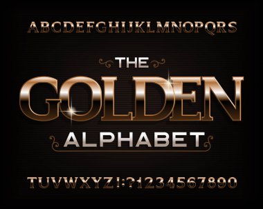Altın alfabe yazı tipi. Serif altın etkisi harfler, sayılar ve simgeler. Hisse senedi vektör patlama tasarımınız için.