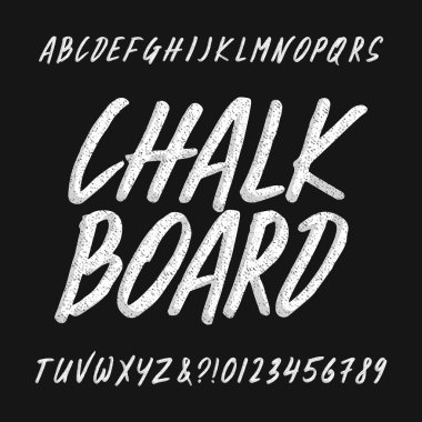 Tebeşir tahtası alfabe yazı tipi. El yazısı büyük harfler ve sayılar. Hisse senedi vektör patlama.