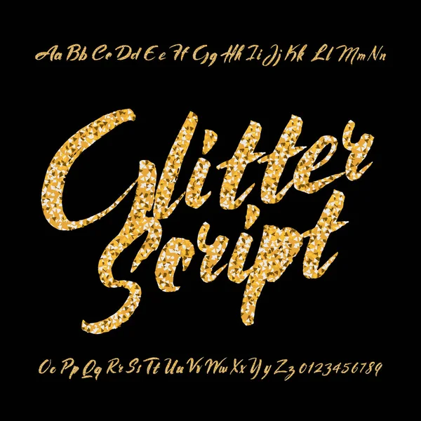 Golden Glitter Alfabeto Fuente Letras Números Mayúsculas Minúsculas Manuscritas Tipo — Vector de stock