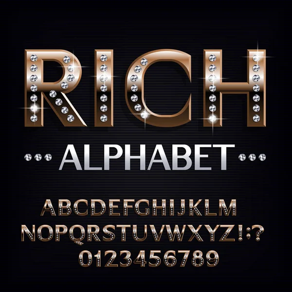 Reiche Schrift Des Alphabets Verzierte Goldene Buchstaben Und Zahlen Mit — Stockvektor