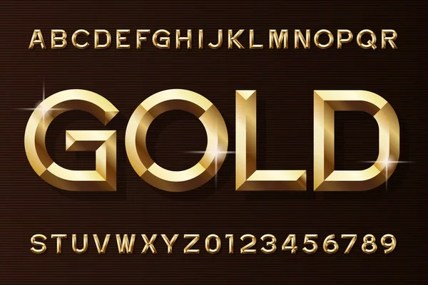 Fuente Gold Alphabet Biselado Oro Efecto Letras Números Tipo Vector — Vector de stock