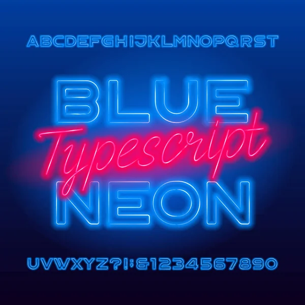 Tipo Letra Blue Neon Números Letras Mayúsculas Bombilla Color Azul — Vector de stock