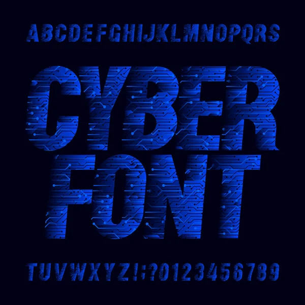 Cyber yazı tipi. Devre levhasını vektör alfabe. Dijital yüksek teknoloji stil harf ve rakam.