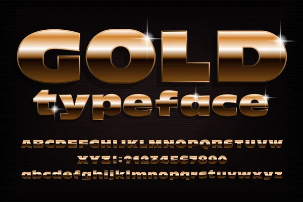 Gold Alphabet Typeface Golden Effect Wide Letters Numbers Uppercase Lowercase — Stock Vector
