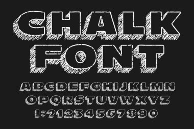 Tebeşir tahtası alfabe yazı tipi. El yazısı dağınık geniş harfler ve sayılar. Hisse senedi vektör patlama.