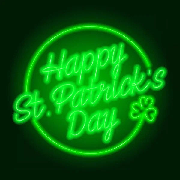 Happy Patrick Day Green Neon Sign Lettering Shamrock Dark Green — Stock Vector