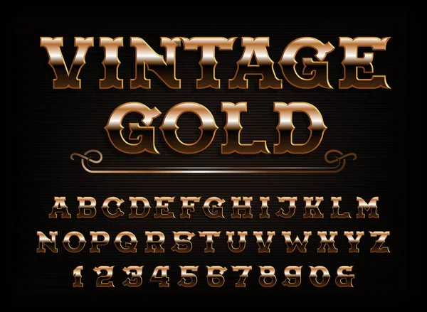 Vintage Gold Alphabet Schrift Abgeschrägte Buchstaben Und Zahlen Aktienvektor Typoskript — Stockvektor