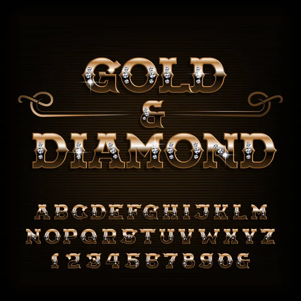 Gold Diamond Alphabet Font Letras Números Dorados Adornados Con Gemas — Vector de stock